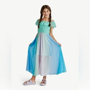 Justice Girls Pleated Ombre Dress in Mint/Orchid Chiffon Ruffle Dress Sz S (7/8)